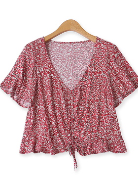 人棉小衫夏新款外贸女百搭抽褶系带荷叶摆显瘦短袖印花上衣11376