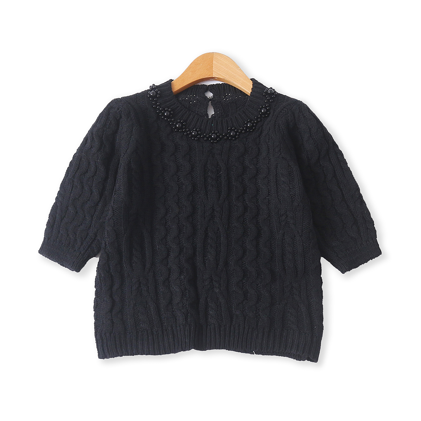 钉珠毛衣秋季新款外贸女装时尚减龄圆领显瘦短袖粗线针织衫19080