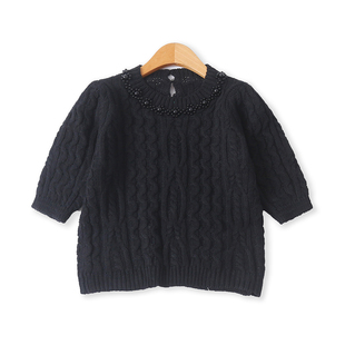 粗线针织衫 钉珠毛衣秋季 19080 减龄圆领显瘦短袖 时尚 新款 外贸女装