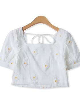 方领系带小衫夏新款外贸女装甜美太阳花侧拉链露脐短袖上衣17577