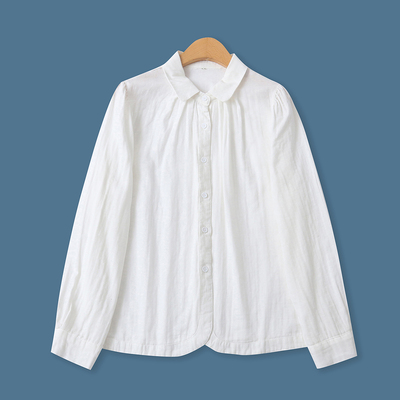 双层纱棉衬衫春季新款外贸女装休闲百搭单排扣长袖翻领衬衣19838