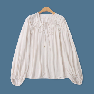 春季 小衫 新款 百搭宽松V领套头褶皱收口长袖 19652 外贸女装 系带衬衫