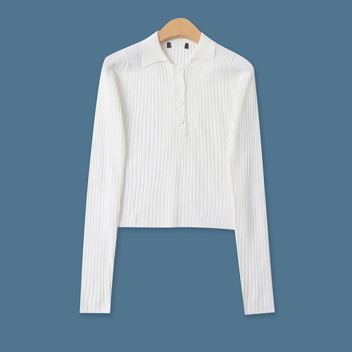 POLO领针织衫春季新款外贸女装百搭短款修身长袖坑条打底衫19601