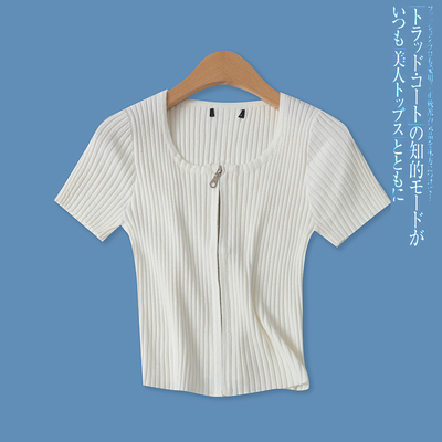 短袖针织螺纹T恤百搭拉链显瘦