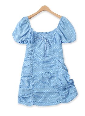 波点包臀裙夏新款外贸女装时尚百搭褶皱修身泡泡短袖紧身裙 14972