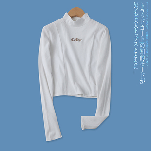 磨毛打底衫春季新款外贸女装百搭半高领拼接刺绣显瘦长袖T恤16215