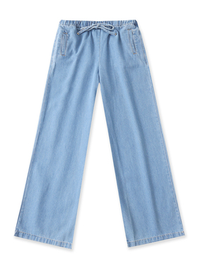 阔腿牛仔裤秋季新款外贸女装百搭休闲松紧高腰系带宽松长裤19043