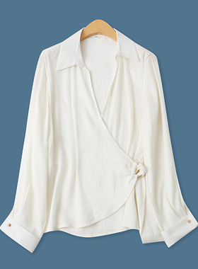 时尚亮面衬衫春夏新款外贸女装百搭深V领口系带腰扣长袖上衣18091