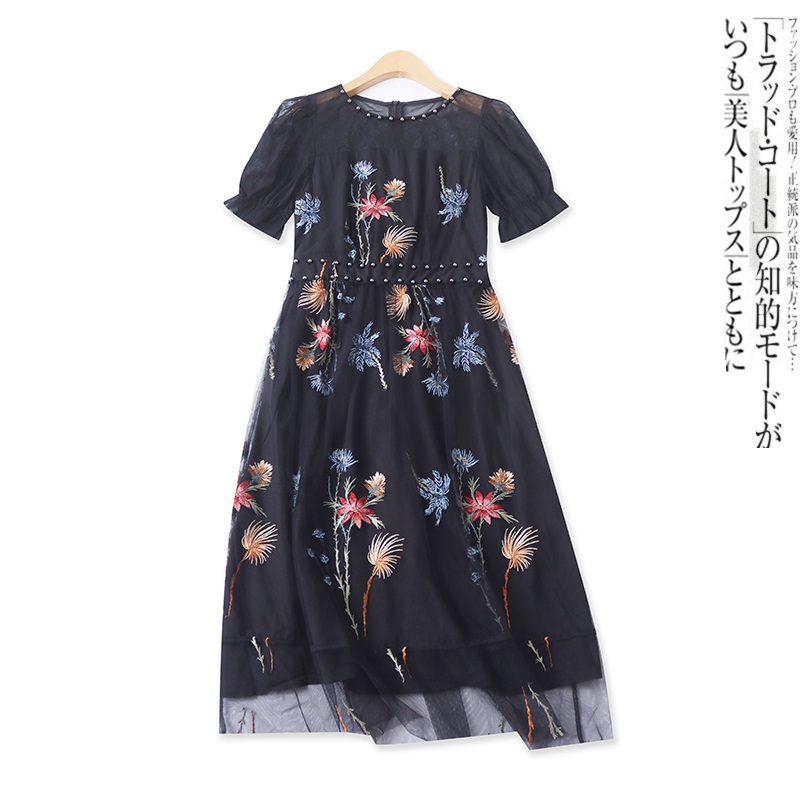 刺绣连衣裙夏新款外贸女装复古钉珠圆领网纱短袖套头中长裙17700