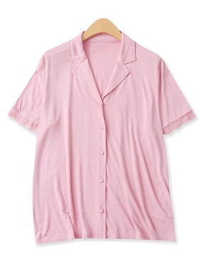 莫代尔家居服夏季新款外贸女装纯色翻领单排扣蕾丝短袖上衣18037