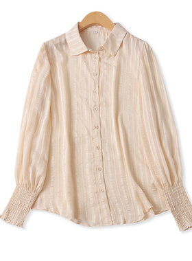 条纹衬衫秋季新款外贸女装时尚单排扣宽松收口长袖轻薄衬衣17276