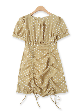 时尚波点裙夏新款外贸女装减龄显瘦圆领抽褶系带短袖连衣裙14413
