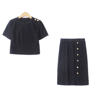拼接套装夏季新款外贸女装泡泡短袖T恤+包臀半身裙分开出售18065