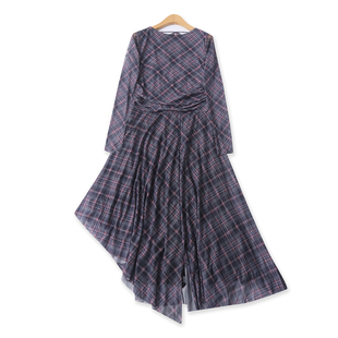 纱网连衣裙春夏新款外贸女装复古格纹长袖褶皱收腰露背长裙19821