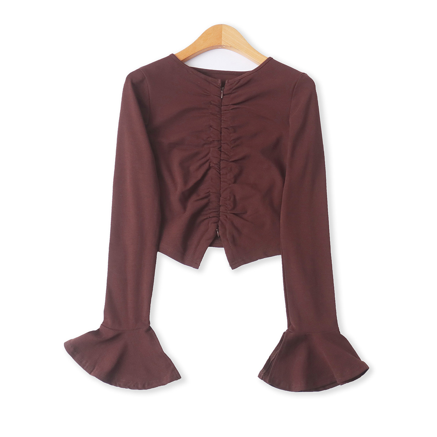 双开拉链T恤春季新款外贸女装百搭纯色圆领修身喇叭长袖打底19189