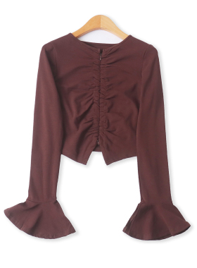 双开拉链T恤春季新款外贸女装百搭纯色圆领修身喇叭长袖打底19189