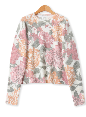 大码花毛衣秋冬新款外贸女装时尚高弹力宽松圆领长袖针织衫18858