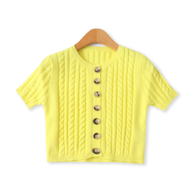 短袖针织衫秋新款外贸女装百搭时尚短款修身单排扣毛衣开衫18993