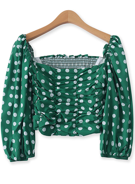 一字肩小衫春季新款外贸女装百搭减龄七分袖超短款波点衬衣11937