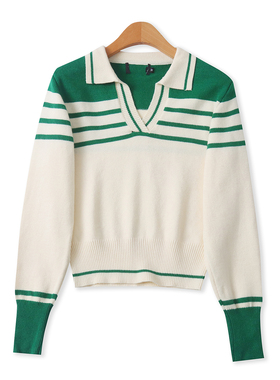 针织条纹毛衣春季新款外贸女装百搭翻领修身撞色长袖短上衣19276