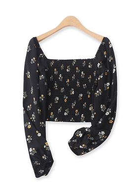 雪纺衬衫春新款外贸女装甜美显瘦方领泡泡袖短款印花雪纺衫13989