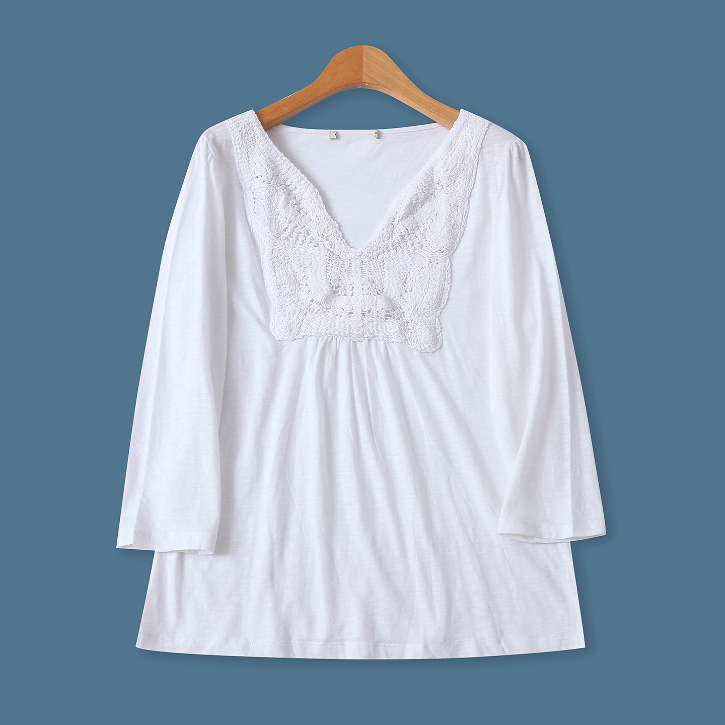 钩花棉T恤秋季新款外贸女装纯色百搭减龄V领修身七分袖上衣18948