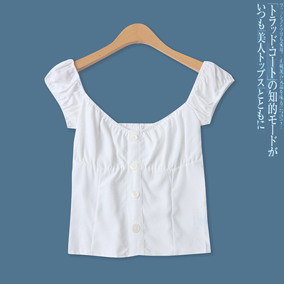 泡泡袖小衫夏新款外贸女装百搭装饰扣露背后拉链显瘦短上衣17990