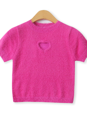 马海毛针织衫秋季新款外贸女装百搭短款镂空修身短袖打底衫18821