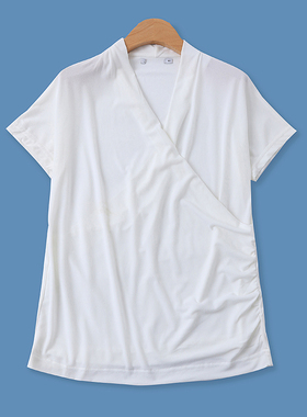 时尚T恤夏新款外贸女百搭减龄交叉V领褶皱修身显瘦短袖上衣12394