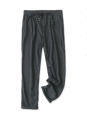 小脚裤春秋季新款外贸女装休闲百搭松紧高腰修身条纹九分裤16596