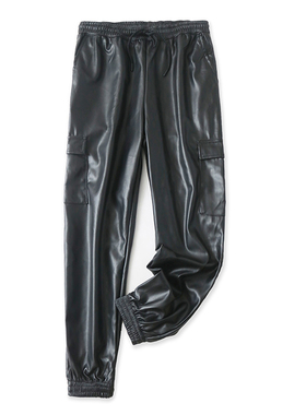 PU皮工装裤春季新款外贸女装休闲百搭松紧高腰显瘦束口长裤16116