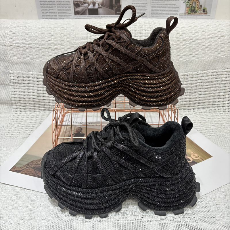 欧货2025冬季满天星水钻绑带老爹鞋女松糕底增高爆闪休闲运动鞋潮