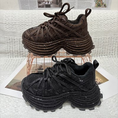 欧货2026春季满天星水钻绑带老爹鞋女松糕底增高爆闪休闲运动鞋潮