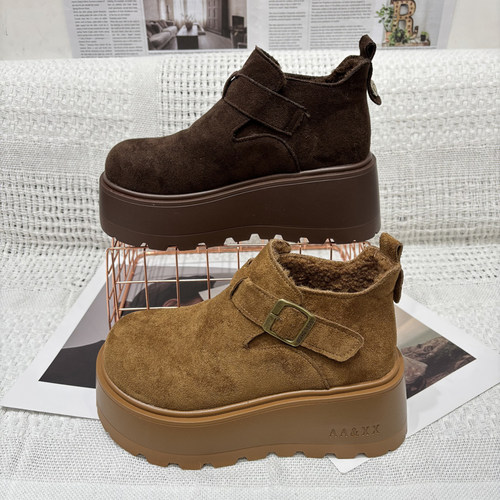 欧货2025新款松糕厚底反绒勃肯鞋女冬季加绒保暖雪地靴魔术贴棉鞋