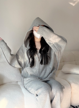 韩系灰色连帽卫衣女短外套松弛感慵懒宽松oversize拉链开衫外套潮