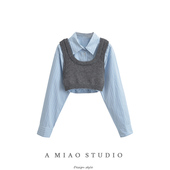 高腰短款 小众设计感ins洋气甜辣纯欲叠穿两件套长袖 衬衫 露脐上衣