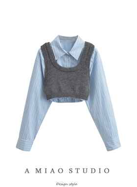 小众设计感ins洋气甜辣纯欲叠穿两件套长袖衬衫高腰短款露脐上衣