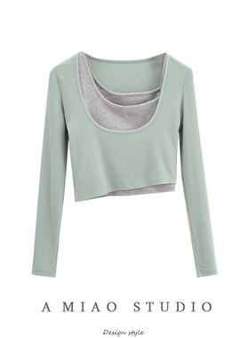 小众设计款不规则撞色吊带两件套T恤春夏新款女纯欲洋气短款上衣