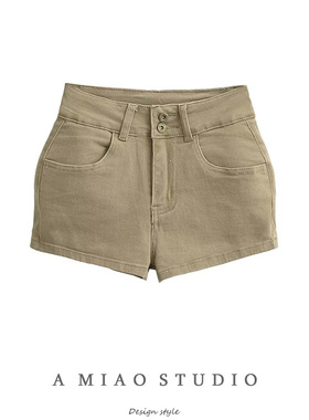 复古卡其色高腰双扣丰臀牛仔短裤女春夏百搭显瘦显腿长蜜桃臀热裤