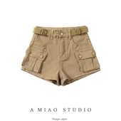 复古腰带饰高腰大口袋工装 风短裤 A字大长腿卡其色休闲裤 美式 热裤
