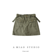 美式 风牛仔半身裙辣妹防走光设计感A字裙迷你短裙 复古军绿色工装