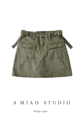 美式复古军绿色工装风牛仔半身裙辣妹防走光设计感A字裙迷你短裙