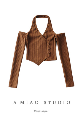 设计感不对称下摆辣妹风挂脖式露肩修身长袖T恤女春夏ins短上衣女