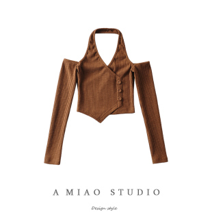 T恤女春夏ins短上衣女 长袖 设计感不对称下摆辣妹风挂脖式 露肩修身