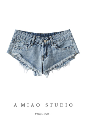 欧美性感辣妹超短牛仔裤ins高街热辣做旧毛边低腰露臀短裤热裤潮