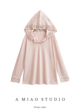 甜辣重工蕾丝刺绣连帽衫女设计感慵懒舒适宽松百搭长袖卫衣T恤女