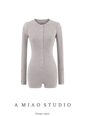 卡戴珊圆领五爪排扣长袖连体衣辣妹运动健身收腰显瘦包臀连体短裤