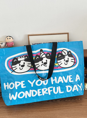 ins风可爱喵星人猫猫大号编织单肩包大容量购物袋手提袋环保袋