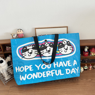 ins风可爱喵星人猫猫大号编织单肩包大容量购物袋手提袋环保袋