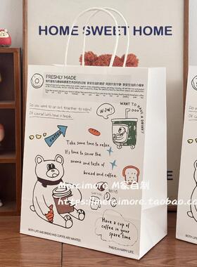 ins风可爱涂鸦小熊双面手提纸袋面包店烘焙打包纸袋礼品袋白色